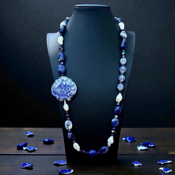 Artisan by Amber Jewelry - ARTISAN Chinese Chinoiserie, Sodalite, Genuine Pearls, and AB Crystal Necklace
